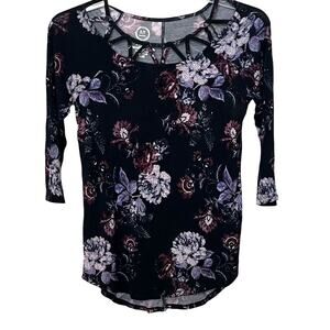 MAURICES 24/7 LONG SLV RND NECK PULL-OVER BLOUSE, WOMENS, XS-BLACK-PURPLE FLORAL